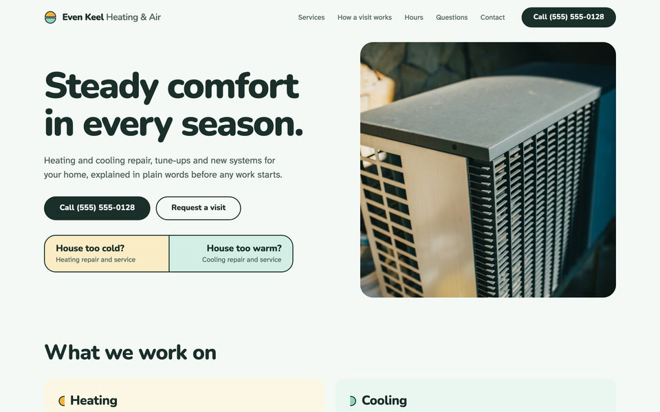 Even Keel Heating & Air example site on a computer: the first screen