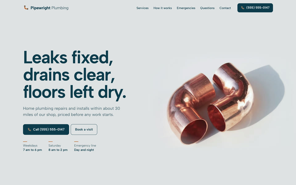 Pipewright Plumbing example site on a computer: the first screen