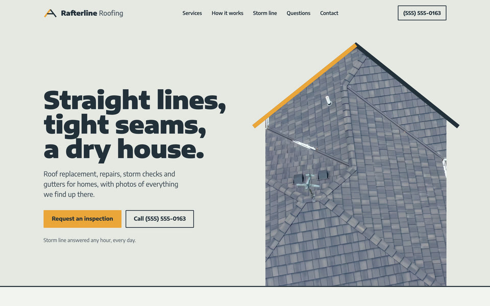 Rafterline Roofing example site on a computer: the first screen