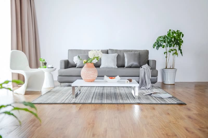 A bright, quiet living room with a gray sofa, a white coffee table and a potted plant